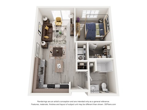 Floor plan for 1 bed, 1 bath, 697 sqft